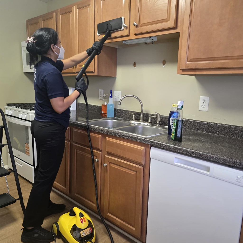 An L&G owner steam-cleaning kitchen cabinets